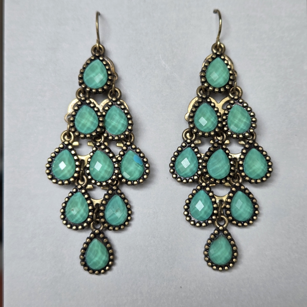Elegant Turquoise Deep Aqua Chandelier DropEarrings Brass/Gold Tone Antique Like